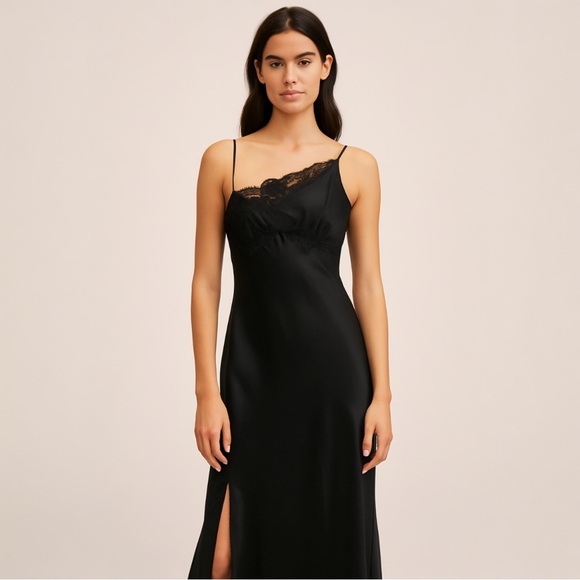 VTG Victoria’s Secret Silk Maxi Slip Dress With Lace In Black - Picture 1 of 9